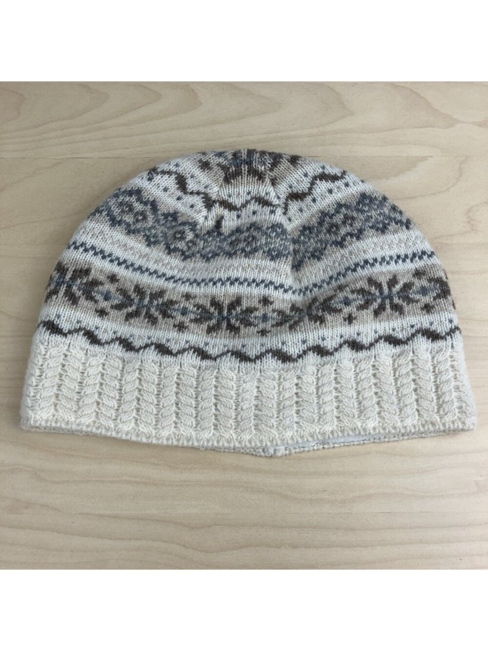 L.L. Bean Lambswool Blend Winter Beanie Hat Cream Fair Isle Pattern OSFA